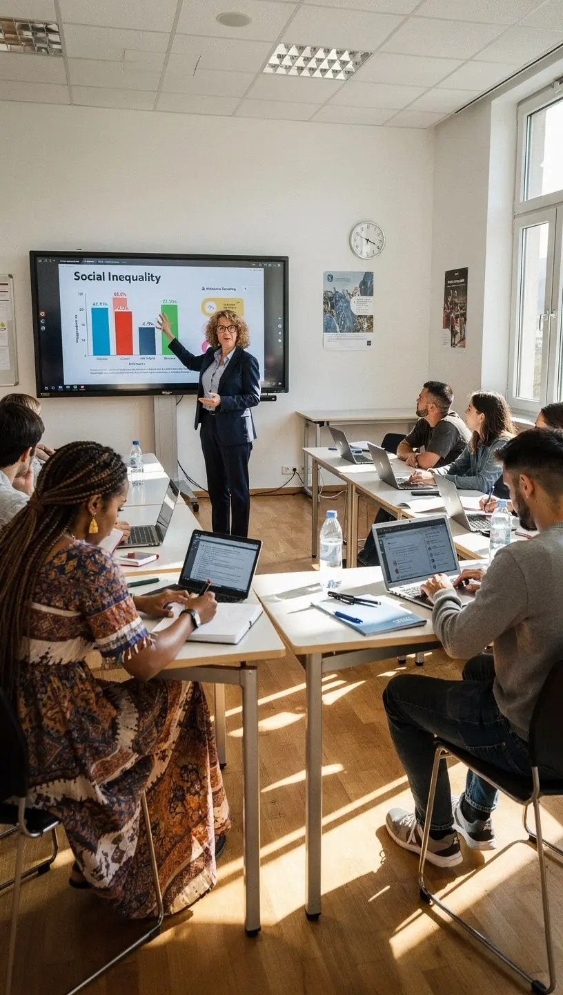 Eine Gruppe von Studenten diskutiert lebhaft über soziale Ungleichheiten in einem Online-Kurs.