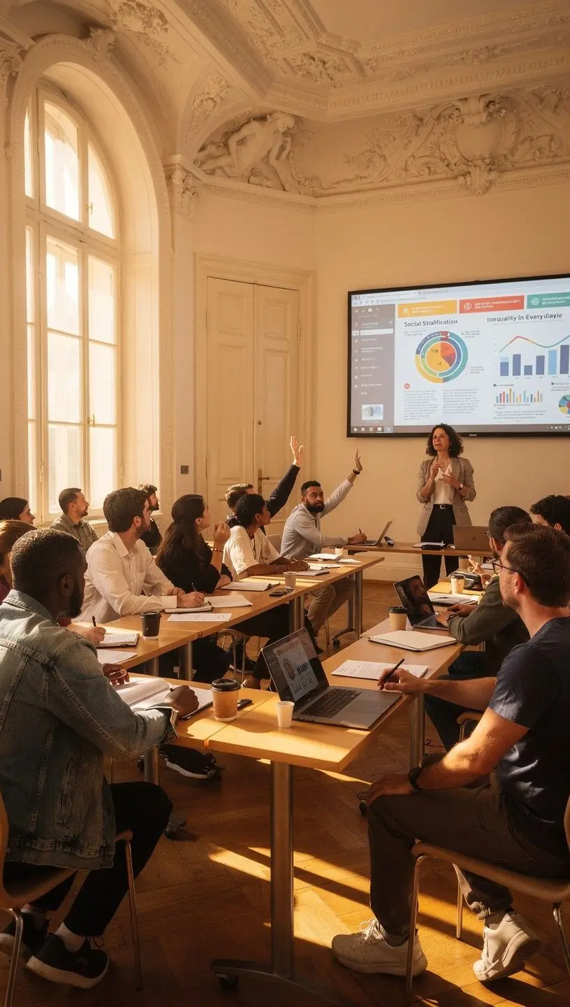 Ein Dozent, der eine Online-Vorlesung über soziale Gerechtigkeit und kulturelle Vielfalt hält, während Teilnehmer aktiv Fragen stellen.