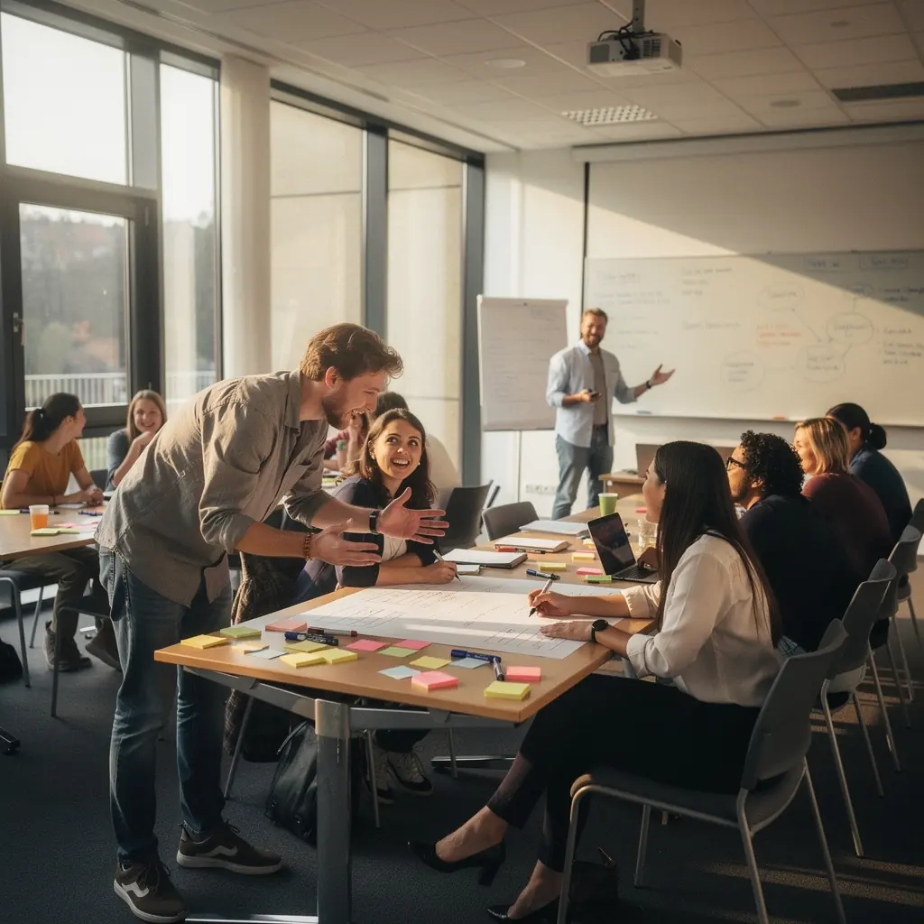 Eine Gruppe von Menschen diskutiert über kulturelle Unterschiede in einer virtuellen Lernumgebung.