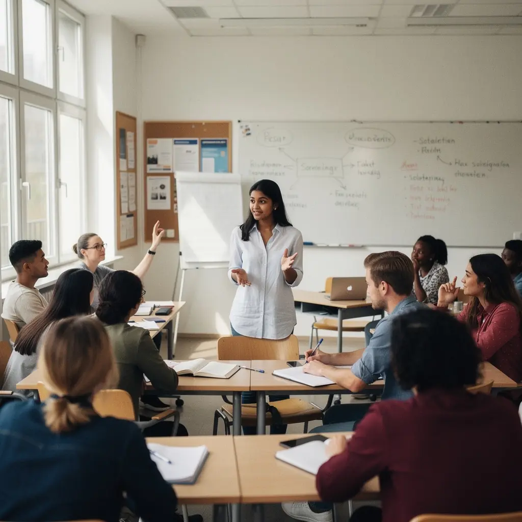 Eine Gruppe von Menschen diskutiert über kulturelle Unterschiede in einer virtuellen Lernumgebung.