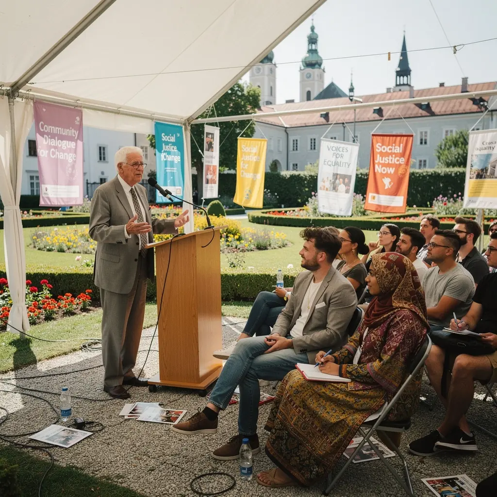 Eine Gruppe von Menschen diskutiert über kulturelle Unterschiede in einer virtuellen Lernumgebung.