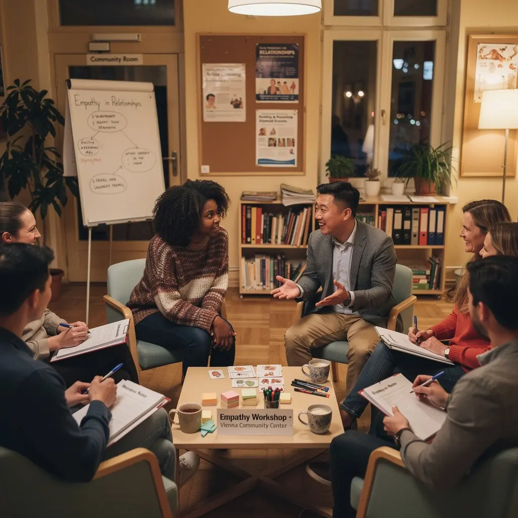 Eine Gruppe von Menschen diskutiert über kulturelle Unterschiede in einer virtuellen Lernumgebung.