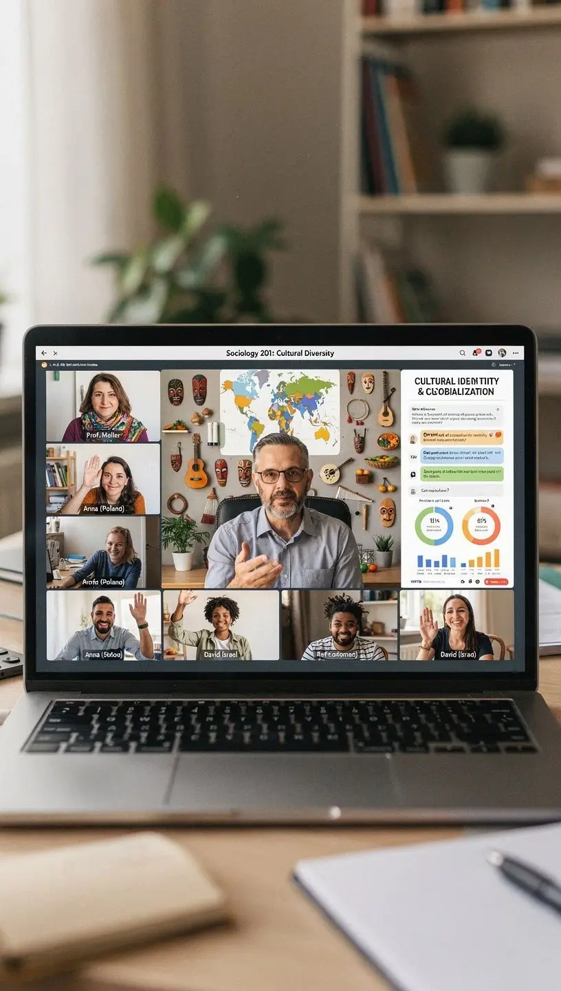 Eine Gruppe von Menschen diskutiert über kulturelle Unterschiede in einer virtuellen Lernumgebung.